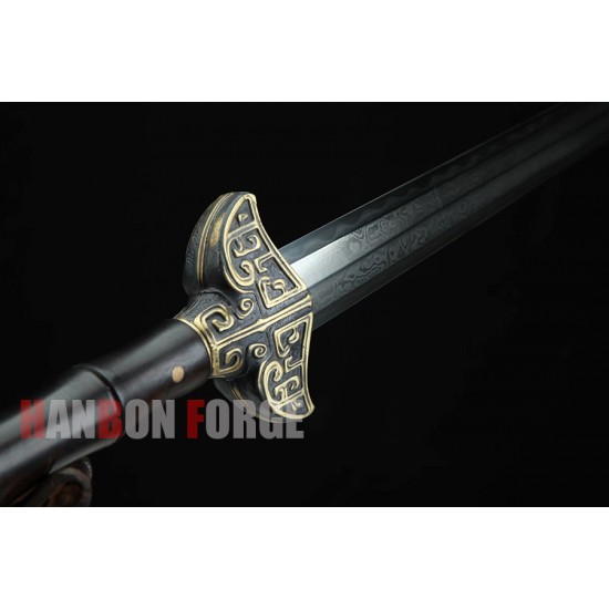 Chinese Tiangang jian sword fully handmade polished pattern steel with clay tempered blade