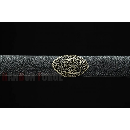 Chinese god dragon jian clay tempered pattern steel blade brass fittings real rayskin scabbard