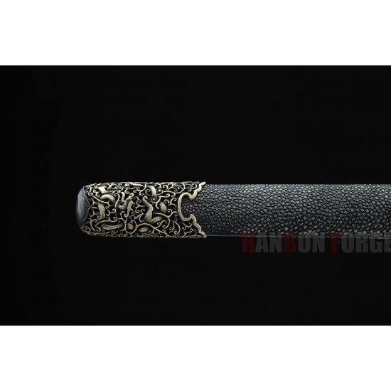 Chinese god dragon jian clay tempered pattern steel blade brass fittings real rayskin scabbard