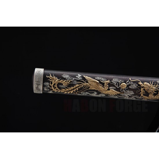 Chinese Dragon-Phoniex Tang Jian Folded Steel 12'' Blade Three- Color Copper Fittings