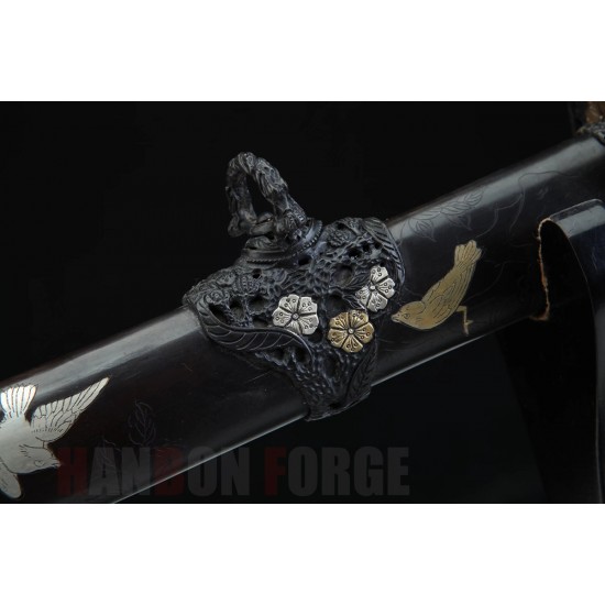 Japanese Tachi Sword Folded Steel Clay Tempered Full Tang Blade Magpie and Plum Theme Copper Saya