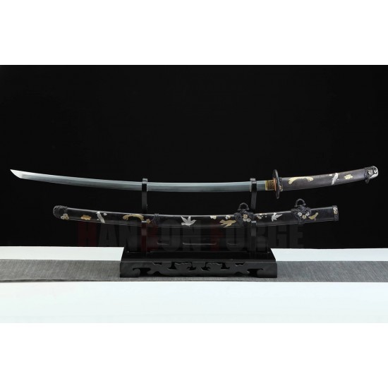 Japanese Tachi Sword Folded Steel Clay Tempered Full Tang Blade Magpie and Plum Theme Copper Saya