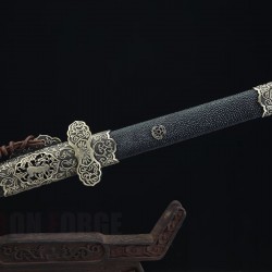 Chinese Kirin Auspicious Tang Jian Folded Steel With Clay Tempered Blade Full Rayskin Scabbard