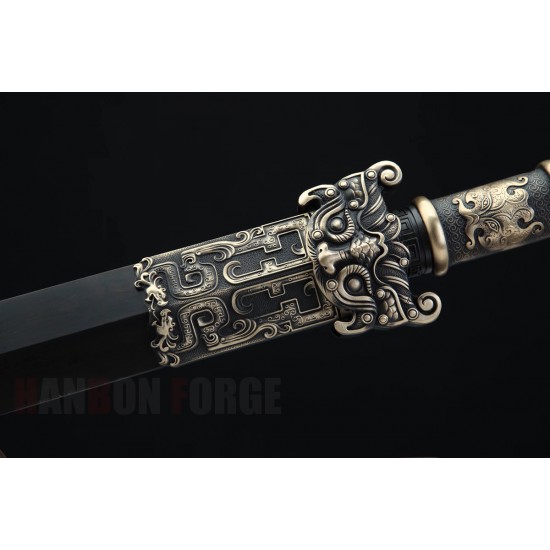 Chinese Flying Dragon Han Jian Pattern Steel Full Tang Blade With Brass Fittings