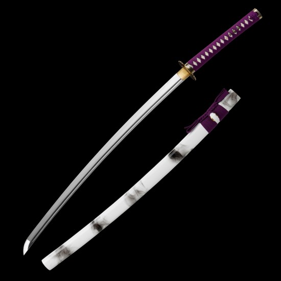 Handmade Japanese Katana Sword – 1095 Steel, Purple Tsuka-Ito, White Gloss Saya, Golden Fittings
