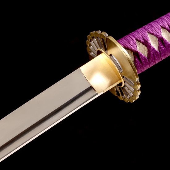 Handmade Japanese Katana Sword – 1095 Steel, Purple Tsuka-Ito, White Gloss Saya, Golden Fittings