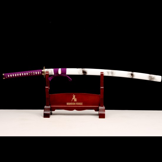 Handmade Japanese Katana Sword – 1095 Steel, Purple Tsuka-Ito, White Gloss Saya, Golden Fittings