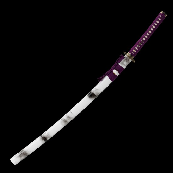 Handmade Japanese Katana Sword – 1095 Steel, Purple Tsuka-Ito, White Gloss Saya, Golden Fittings
