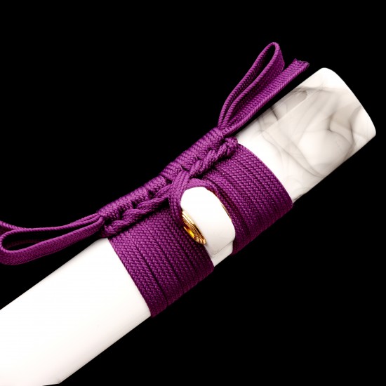 Handmade Japanese Katana Sword – 1095 Steel, Purple Tsuka-Ito, White Gloss Saya, Golden Fittings