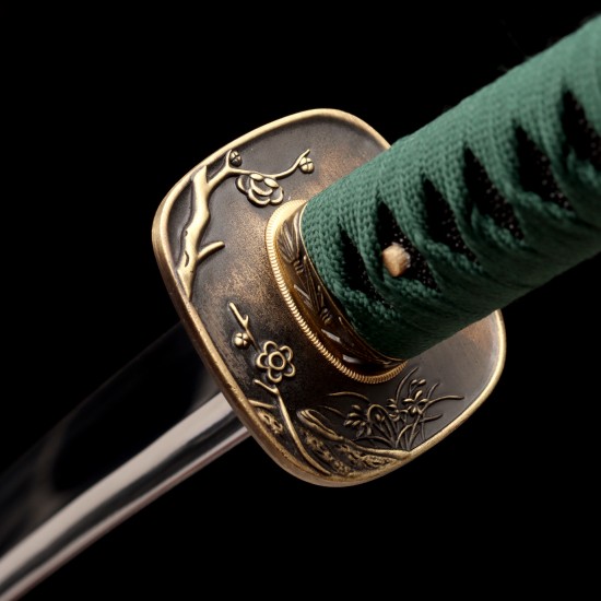 1095 High Carbon Steel Katana – Green Tsuka-Ito, Bamboo Tsuba, Mirror Polished Blade 1095 High Carbon Steel Katana – Green Tsuka-Ito, Bamboo Tsuba, Mirror Polished Blade