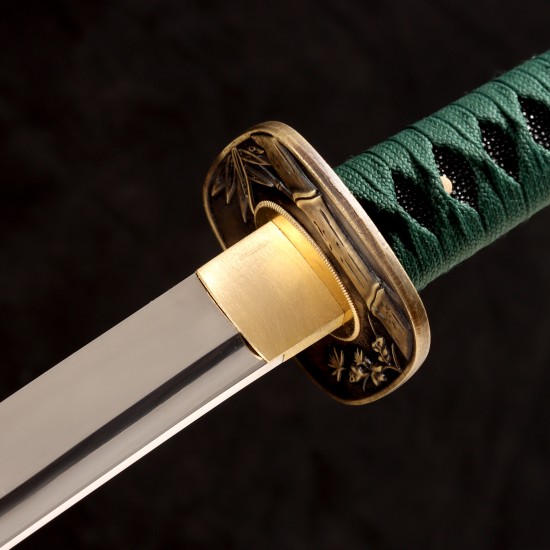 1095 High Carbon Steel Katana – Green Tsuka-Ito, Bamboo Tsuba, Mirror Polished Blade 1095 High Carbon Steel Katana – Green Tsuka-Ito, Bamboo Tsuba, Mirror Polished Blade