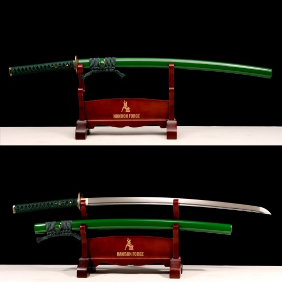 1095 High Carbon Steel Katana – Green Tsuka-Ito, Bamboo Tsuba, Mirror Polished Blade 1095 High Carbon Steel Katana – Green Tsuka-Ito, Bamboo Tsuba, Mirror Polished Blade
