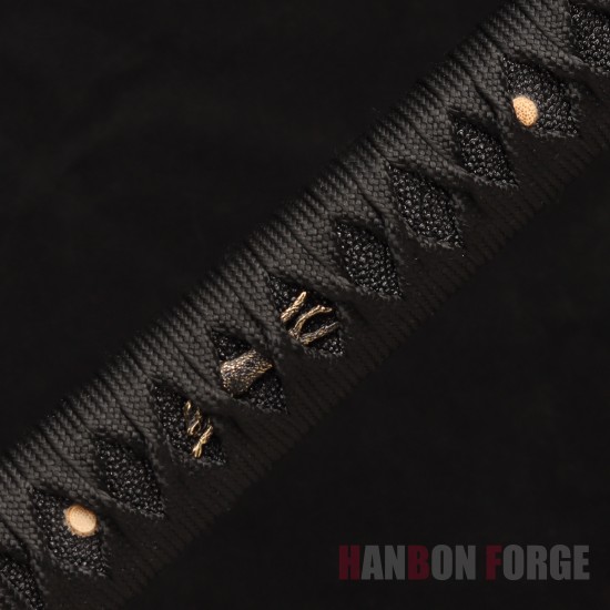 Hand-Forged Japanese Katana Sword | 1095 Steel | Wolf & Moon Themed Fittings | Black Tsuka-Ito | Matte Black Saya Hand-Forged Japanese Katana Sword | 1095 Steel | Wolf & Moon Themed Fittings | Black Tsuka-Ito | Matte Black Saya