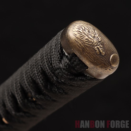 Hand-Forged Japanese Katana Sword | 1095 Steel | Wolf & Moon Themed Fittings | Black Tsuka-Ito | Matte Black Saya Hand-Forged Japanese Katana Sword | 1095 Steel | Wolf & Moon Themed Fittings | Black Tsuka-Ito | Matte Black Saya