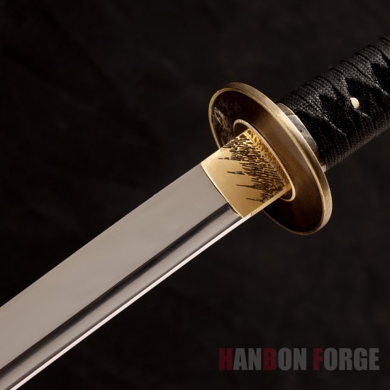 Hand-Forged Japanese Katana Sword | 1095 Steel | Wolf & Moon Themed Fittings | Black Tsuka-Ito | Matte Black Saya Hand-Forged Japanese Katana Sword | 1095 Steel | Wolf & Moon Themed Fittings | Black Tsuka-Ito | Matte Black Saya