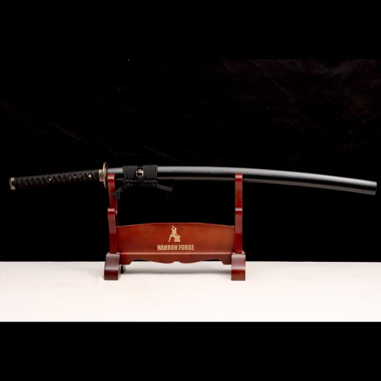 Hand-Forged Japanese Katana Sword | 1095 Steel | Wolf & Moon Themed Fittings | Black Tsuka-Ito | Matte Black Saya Hand-Forged Japanese Katana Sword | 1095 Steel | Wolf & Moon Themed Fittings | Black Tsuka-Ito | Matte Black Saya