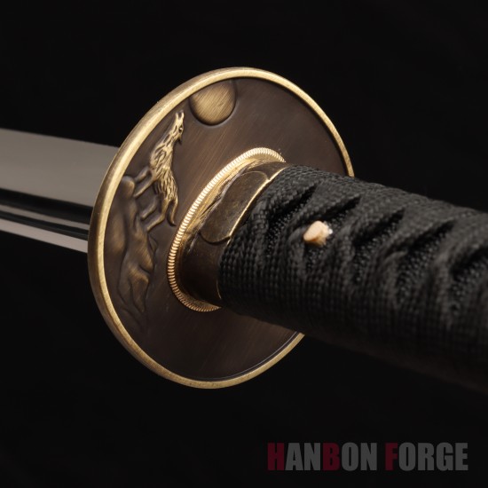 Hand-Forged Japanese Katana Sword | 1095 Steel | Wolf & Moon Themed Fittings | Black Tsuka-Ito | Matte Black Saya Hand-Forged Japanese Katana Sword | 1095 Steel | Wolf & Moon Themed Fittings | Black Tsuka-Ito | Matte Black Saya