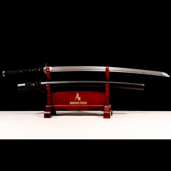 Hand-Forged Japanese Katana Sword | 1095 Steel | Wolf & Moon Themed Fittings | Black Tsuka-Ito | Matte Black Saya Hand-Forged Japanese Katana Sword | 1095 Steel | Wolf & Moon Themed Fittings | Black Tsuka-Ito | Matte Black Saya