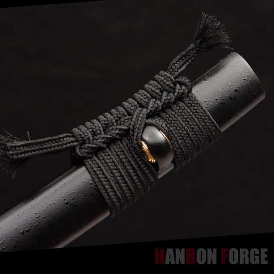 Hand-Forged Japanese Katana Sword | 1095 Steel | Wolf & Moon Themed Fittings | Black Tsuka-Ito | Matte Black Saya Hand-Forged Japanese Katana Sword | 1095 Steel | Wolf & Moon Themed Fittings | Black Tsuka-Ito | Matte Black Saya