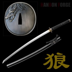 Hand-Forged Japanese Katana Sword | 1095 Steel | Wolf & Moon Themed Fittings | Black Tsuka-Ito | Matte Black Saya Hand-Forged Japanese Katana Sword | 1095 Steel | Wolf & Moon Themed Fittings | Black Tsuka-Ito | Matte Black Saya