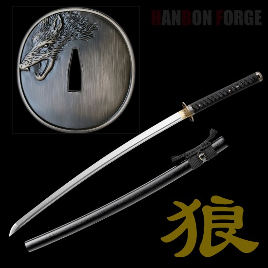 Hand-Forged Japanese Katana Sword | 1095 Steel | Wolf & Moon Themed Fittings | Black Tsuka-Ito | Matte Black Saya Hand-Forged Japanese Katana Sword | 1095 Steel | Wolf & Moon Themed Fittings | Black Tsuka-Ito | Matte Black Saya