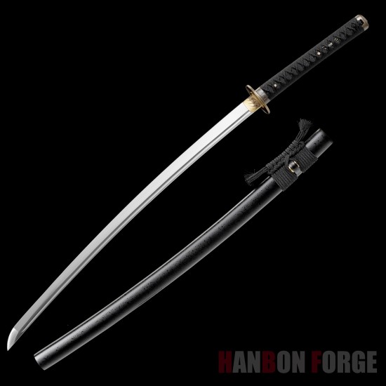 Hand-Forged Japanese Katana Sword | 1095 Steel | Wolf & Moon Themed Fittings | Black Tsuka-Ito | Matte Black Saya Hand-Forged Japanese Katana Sword | 1095 Steel | Wolf & Moon Themed Fittings | Black Tsuka-Ito | Matte Black Saya