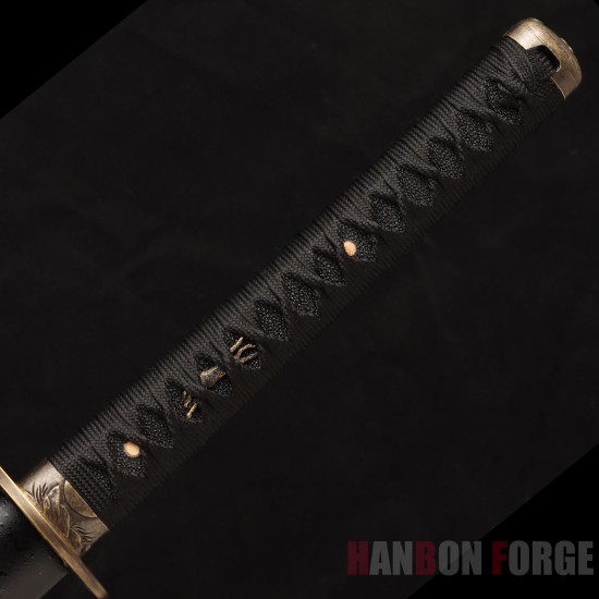 Hand-Forged Japanese Katana Sword | 1095 Steel | Wolf & Moon Themed Fittings | Black Tsuka-Ito | Matte Black Saya Hand-Forged Japanese Katana Sword | 1095 Steel | Wolf & Moon Themed Fittings | Black Tsuka-Ito | Matte Black Saya