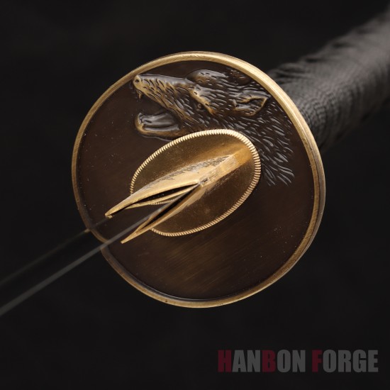 Hand-Forged Japanese Katana Sword | 1095 Steel | Wolf & Moon Themed Fittings | Black Tsuka-Ito | Matte Black Saya Hand-Forged Japanese Katana Sword | 1095 Steel | Wolf & Moon Themed Fittings | Black Tsuka-Ito | Matte Black Saya