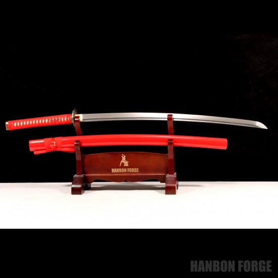 Hand-Forged Japanese Katana Sword – T10 Steel, Red Cotton Wrap, Mirror Polished Blade