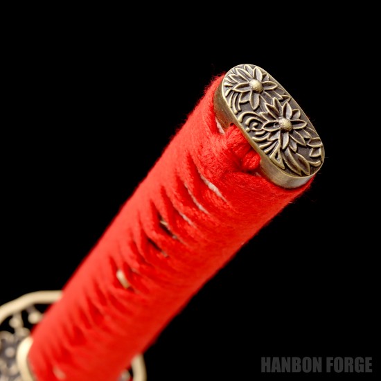 Hand-Forged Japanese Katana Sword – T10 Steel, Red Cotton Wrap, Mirror Polished Blade