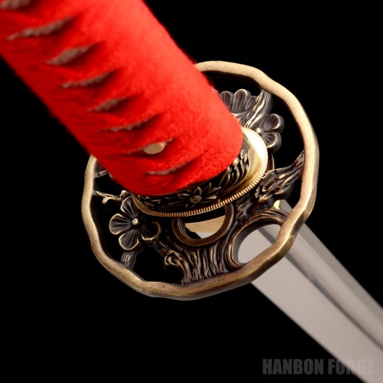 Hand-Forged Japanese Katana Sword – T10 Steel, Red Cotton Wrap, Mirror Polished Blade