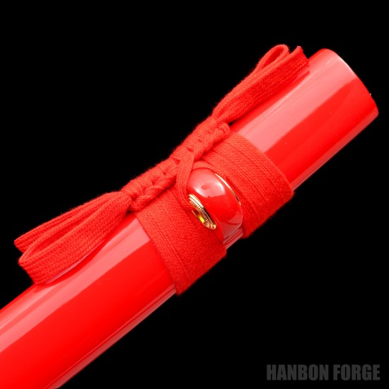 Hand-Forged Japanese Katana Sword – T10 Steel, Red Cotton Wrap, Mirror Polished Blade