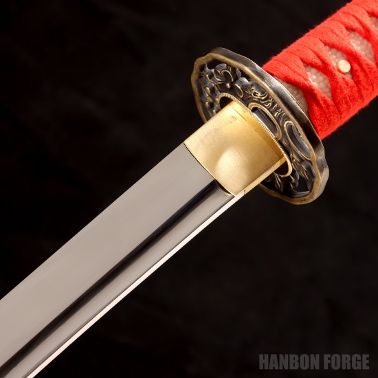 Hand-Forged Japanese Katana Sword – T10 Steel, Red Cotton Wrap, Mirror Polished Blade