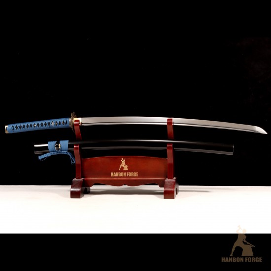 Handmade T10 Steel Katana Sword with Blue Ito, Black Rayskin, Eagle Fittings, and Mirror Polished Blade