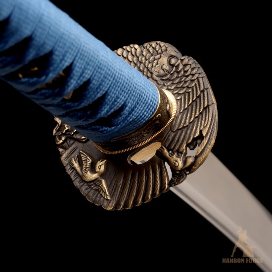 Handmade T10 Steel Katana Sword with Blue Ito, Black Rayskin, Eagle Fittings, and Mirror Polished Blade