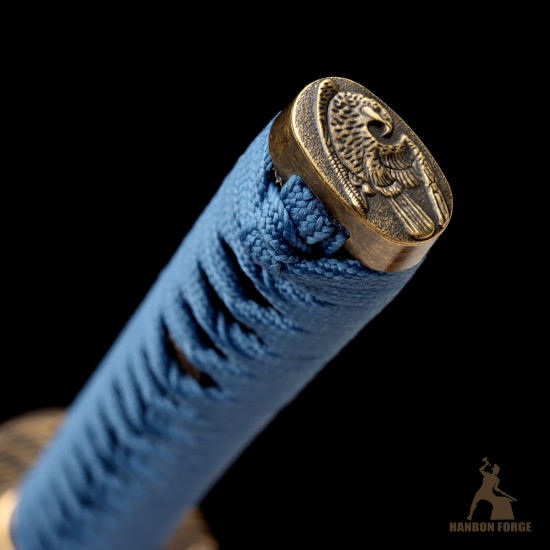 Handmade T10 Steel Katana Sword with Blue Ito, Black Rayskin, Eagle Fittings, and Mirror Polished Blade