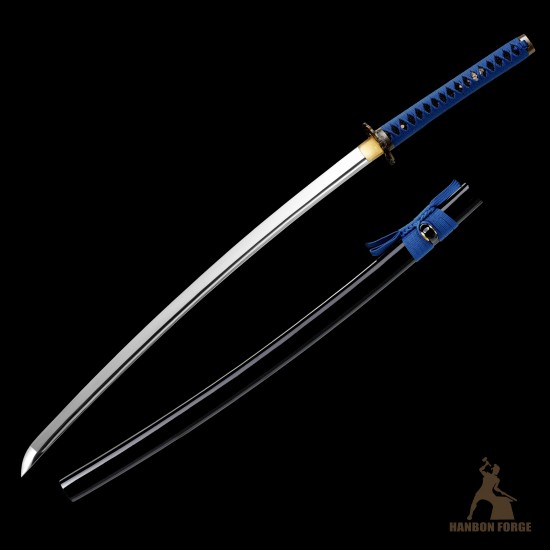 Handmade T10 Steel Katana Sword with Blue Ito, Black Rayskin, Eagle Fittings, and Mirror Polished Blade