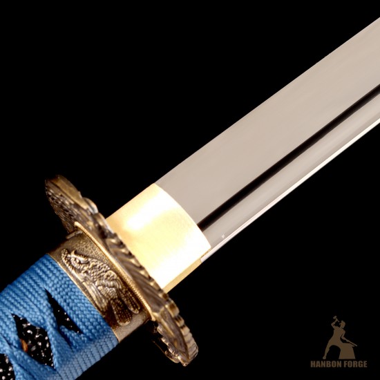 Handmade T10 Steel Katana Sword with Blue Ito, Black Rayskin, Eagle Fittings, and Mirror Polished Blade