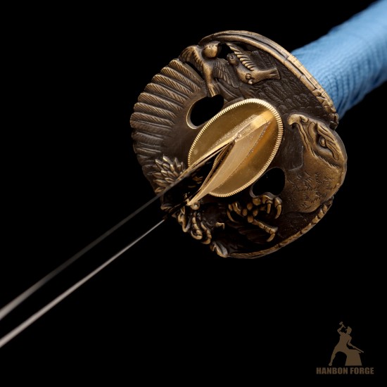 Handmade T10 Steel Katana Sword with Blue Ito, Black Rayskin, Eagle Fittings, and Mirror Polished Blade