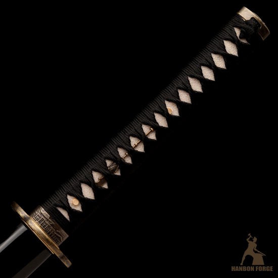 Handmade T10 Steel Samurai Katana | Black & White Rayskin Sword | Samurai & Japanese Architecture Fittings