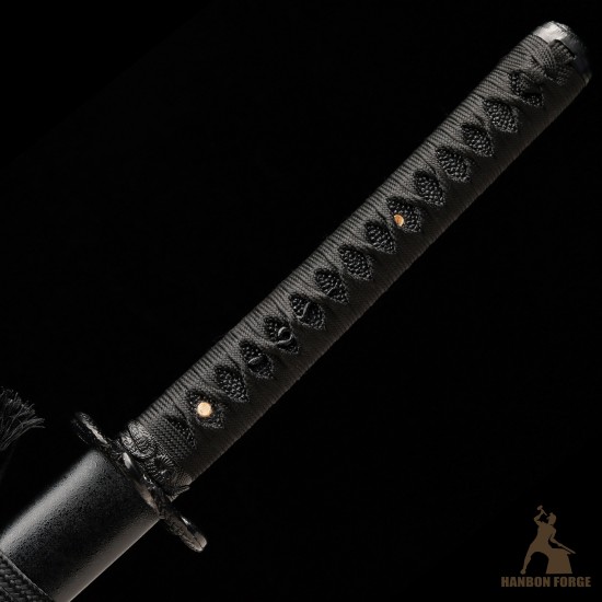 Hand-Forged T10 Steel Katana Sword with Black Snake-Themed Fittings and Matte Black Saya