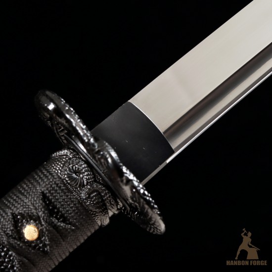 Hand-Forged T10 Steel Katana Sword with Black Snake-Themed Fittings and Matte Black Saya