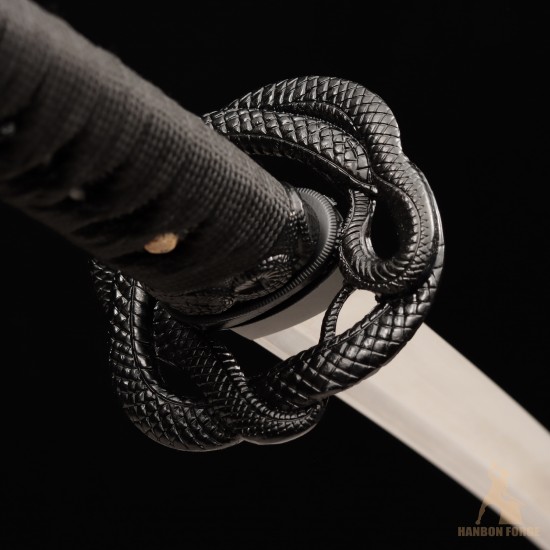 Hand-Forged T10 Steel Katana Sword with Black Snake-Themed Fittings and Matte Black Saya