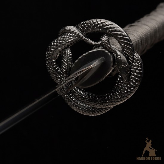 Hand-Forged T10 Steel Katana Sword with Black Snake-Themed Fittings and Matte Black Saya