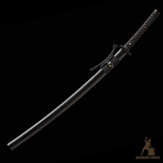 Hand-Forged T10 Steel Katana Sword with Black Snake-Themed Fittings and Matte Black Saya
