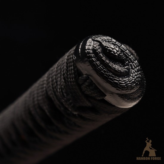 Hand-Forged T10 Steel Katana Sword with Black Snake-Themed Fittings and Matte Black Saya