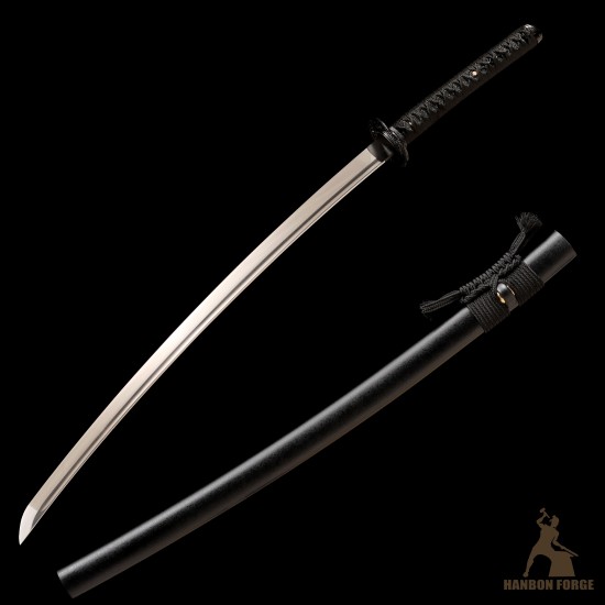 Hand-Forged T10 Steel Katana Sword with Black Snake-Themed Fittings and Matte Black Saya