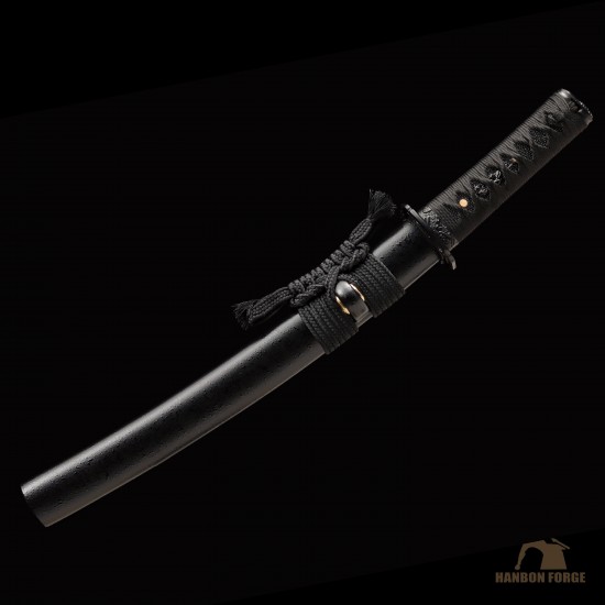 Handmade 1095 Folded Steel Clay Tempered Black Tanto Sword – Real Hamon Japanese Samurai Tanto with Sakura Fittings