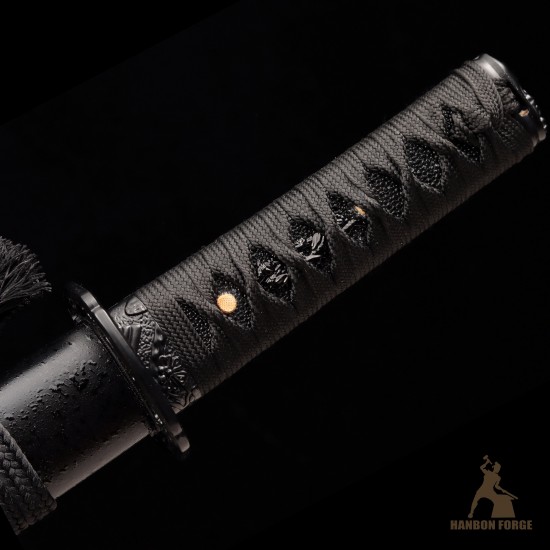 Handmade 1095 Folded Steel Clay Tempered Black Tanto Sword – Real Hamon Japanese Samurai Tanto with Sakura Fittings