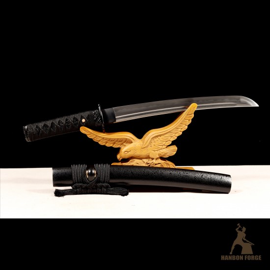 Handmade 1095 Folded Steel Clay Tempered Black Tanto Sword – Real Hamon Japanese Samurai Tanto with Sakura Fittings